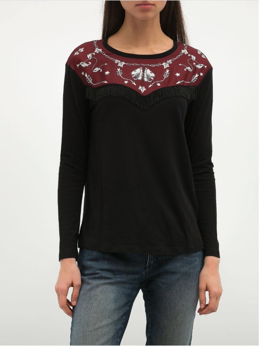 SANDRO Oriana printed fringed Yoke Tee